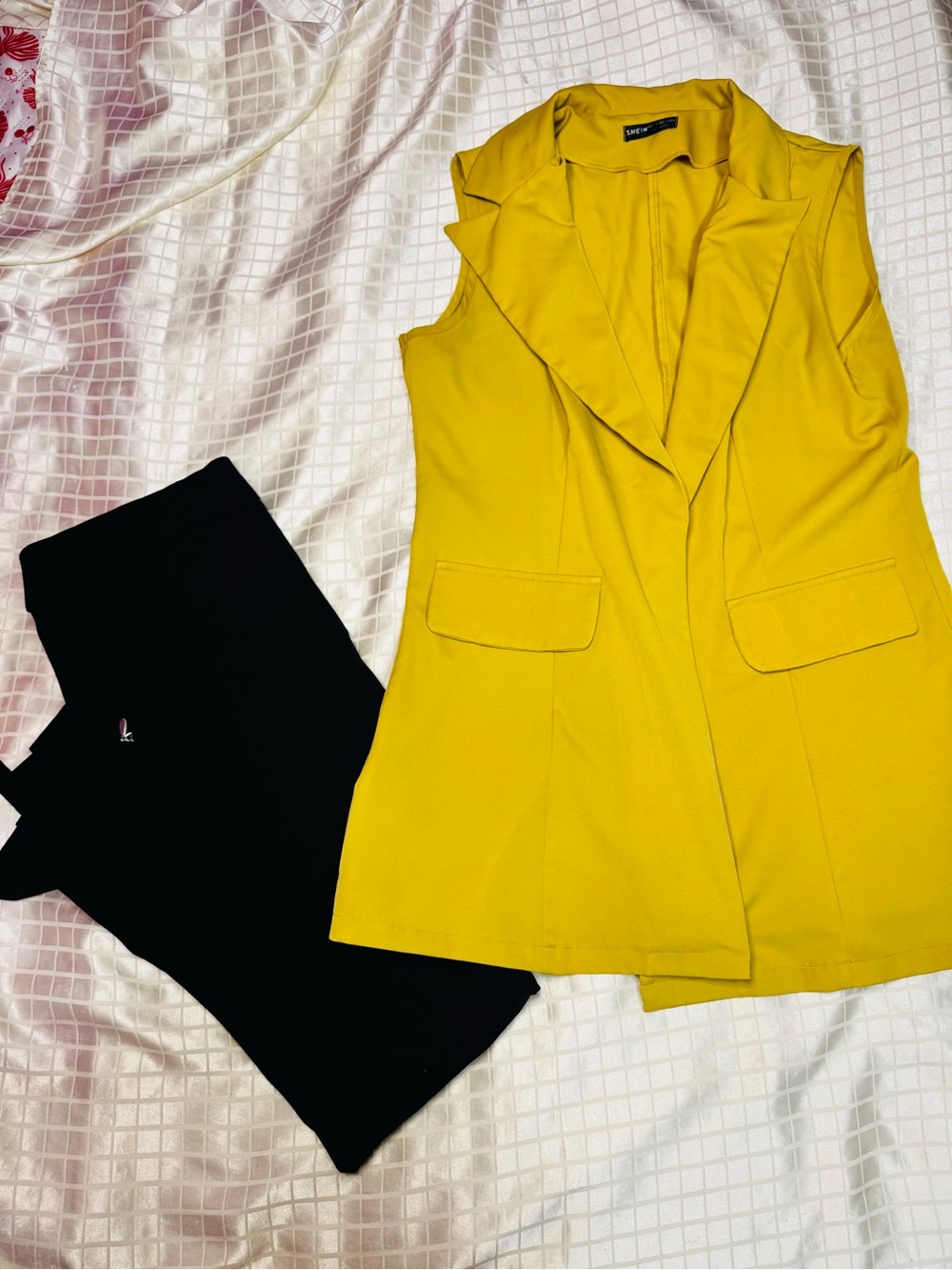 SHEIN Mustard Sleeveless Longline Vest & Black pants Set